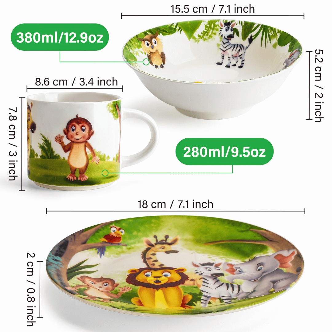 Set vesela pentru copii, colectia Jungle, farfurie 18cm, bol 380ml, cana 280ml, 3 piese ceramica - 2 | YEO