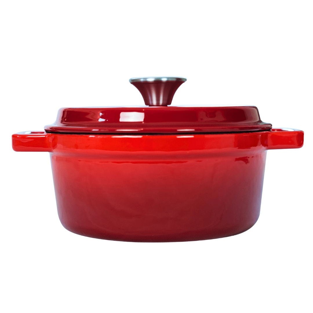 Ceaun din fonta emailata, Crucible Cookware, tip cuptor olandez, cu capac 20 cm, volum 2.2l, rosu