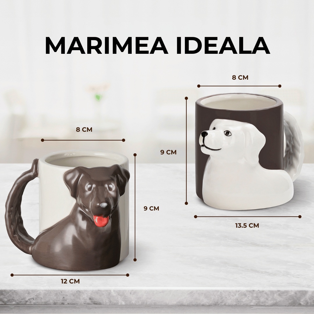 Set 2 Cani cuplu indragostiti, personalizate cu Catelusi 3D, cadou original pentru el&ea, cafea/ceai, ceramica, alb/maro, 300 ml - 1 | YEO