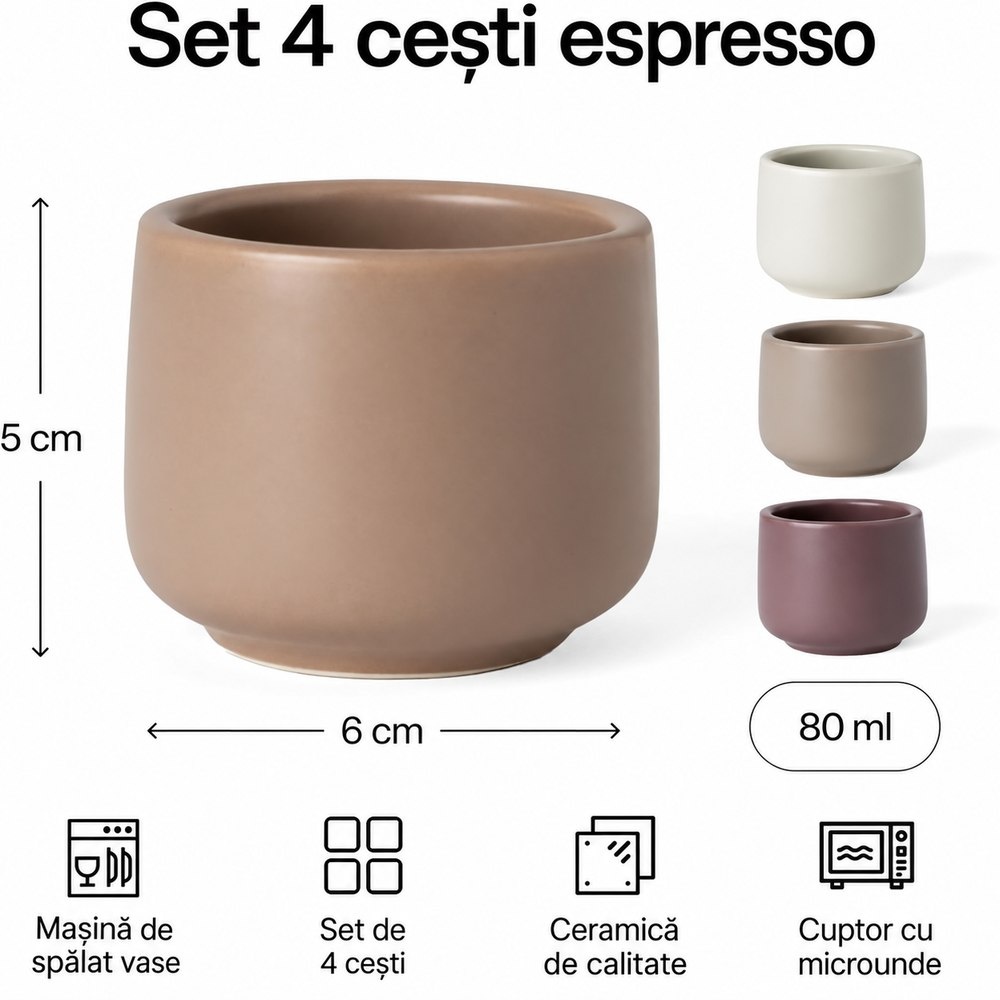 Dimensiuni si continut set cesti espresso Nami Beige Canyon, 80 ml