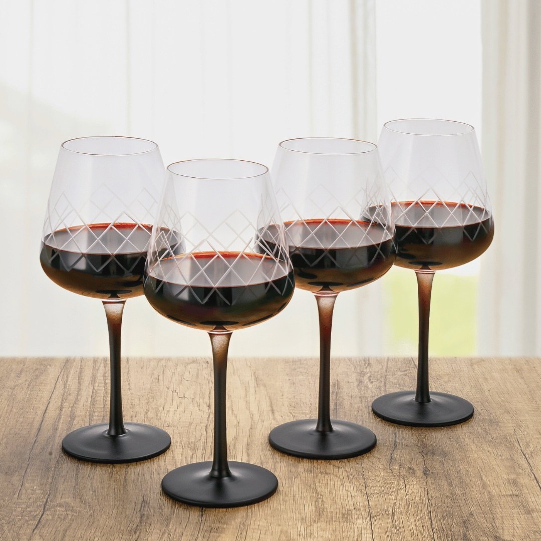 Set 4 Pahare vin rosu, Crystaluna, cu picior negru elegant, sticla transparenta, 480ml, dop si aerator pentru vin inclus - 2 | YEO