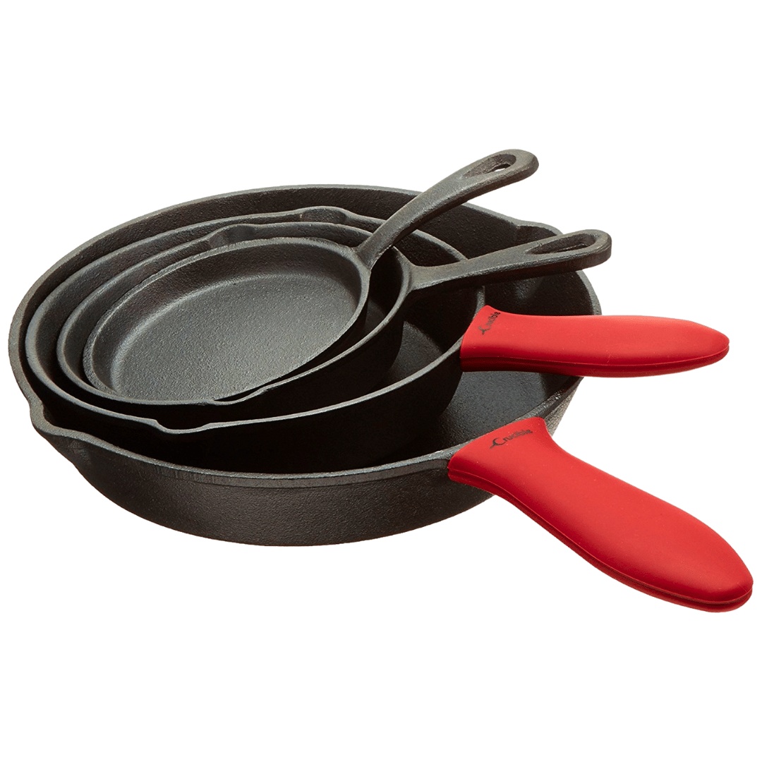 Set 4 Tigai din fonta cu coada, Crucible Cookware, 4 dimensiuni 13cm/15cm/20cm/25cm, 2 x Manere silicon termorezistent incluse