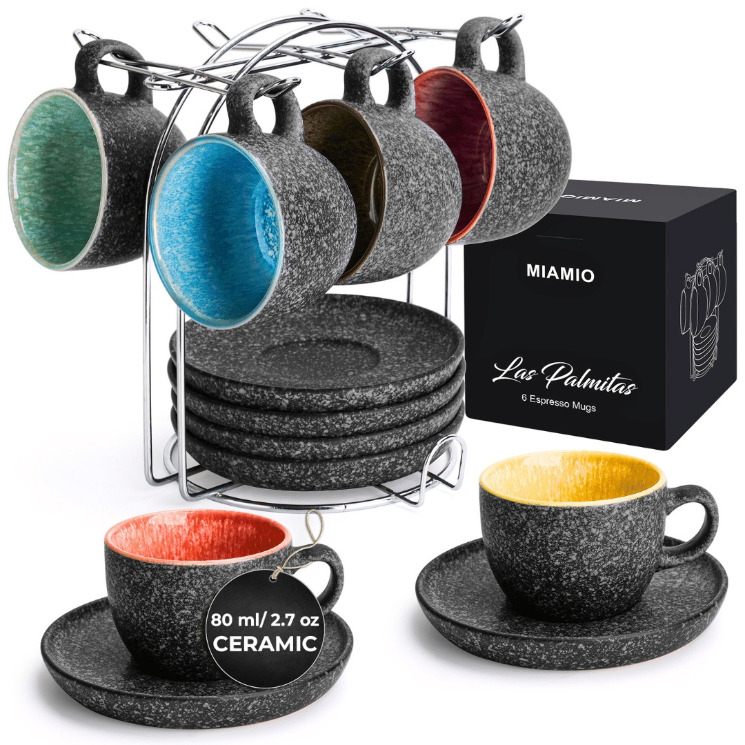 Set 6 Cesti de espresso cu farfurie, colectia Las Palmitas, ceramica, multicolor, 80 ml