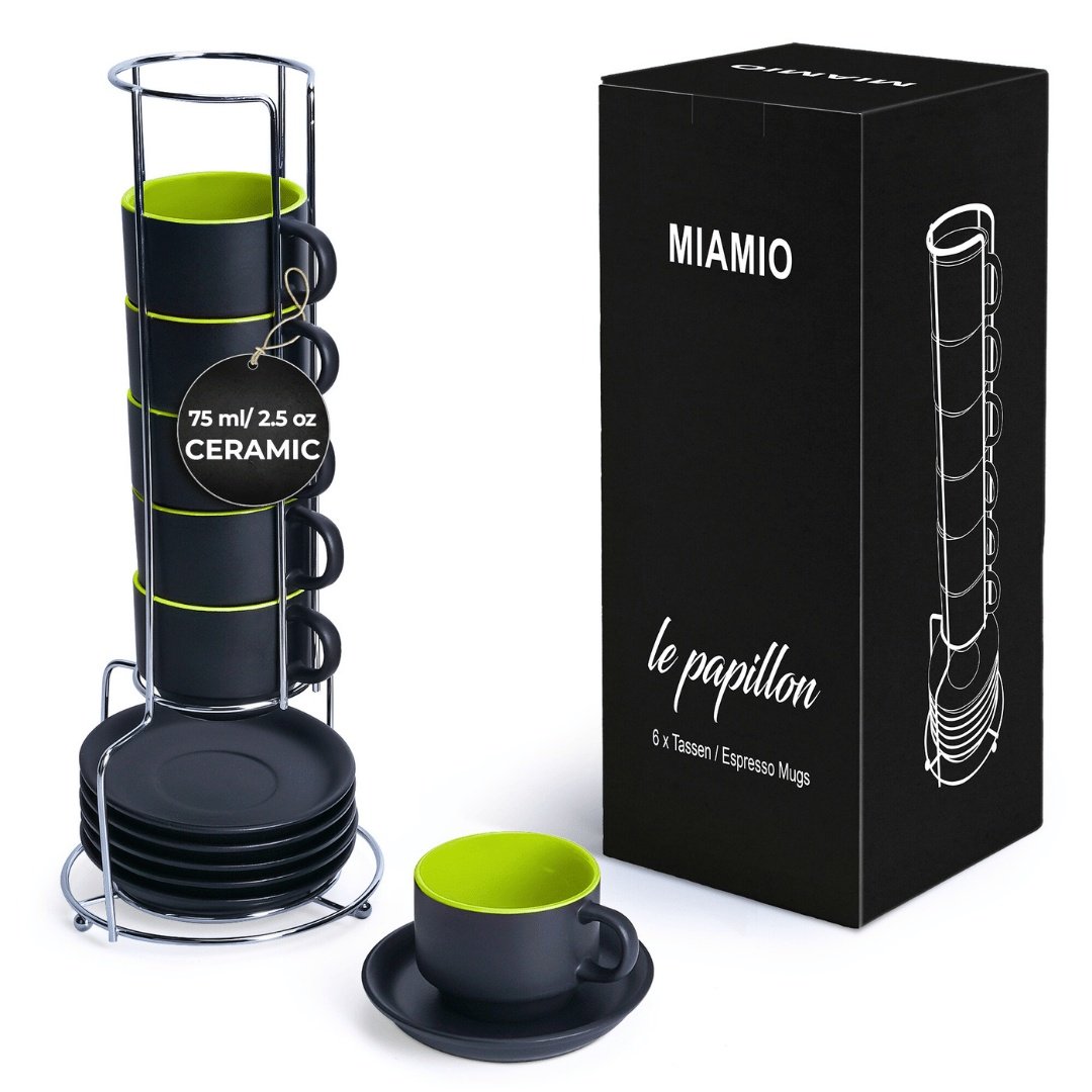 Set 6 Cesti de espresso cu farfurie, colectia Le Papillon, ceramica, verde, 75 ml