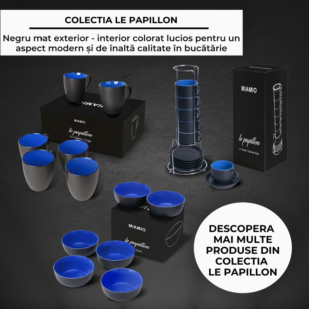 Set 6 Cesti de espresso cu farfurie, colectia Le Papillon, ceramica, albastru, 75 ml