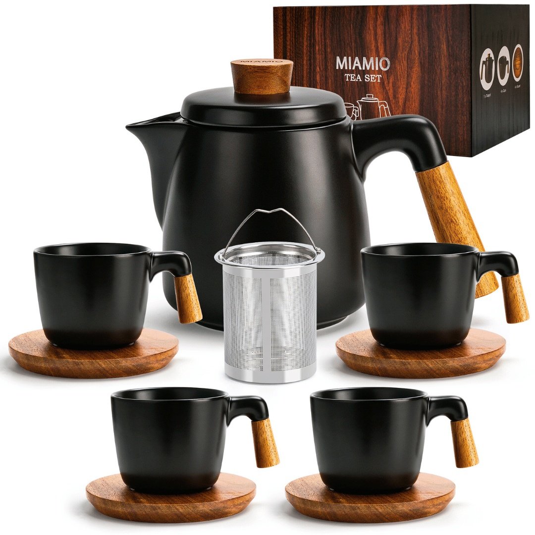 Set Ceainic cu infuzor si 4 Cesti pentru ceai, cu farfurii din bambus, 1000ml, 4x300ml, ceramica, negru