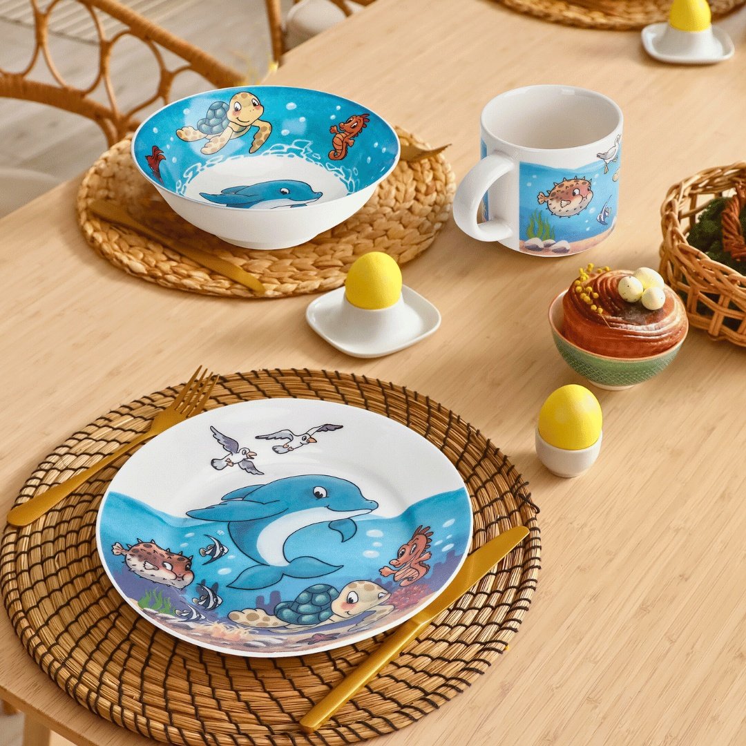 Set vesela pentru copii, colectia Ocean, farfurie 18cm, bol 380ml, cana 280ml, 3 piese ceramica