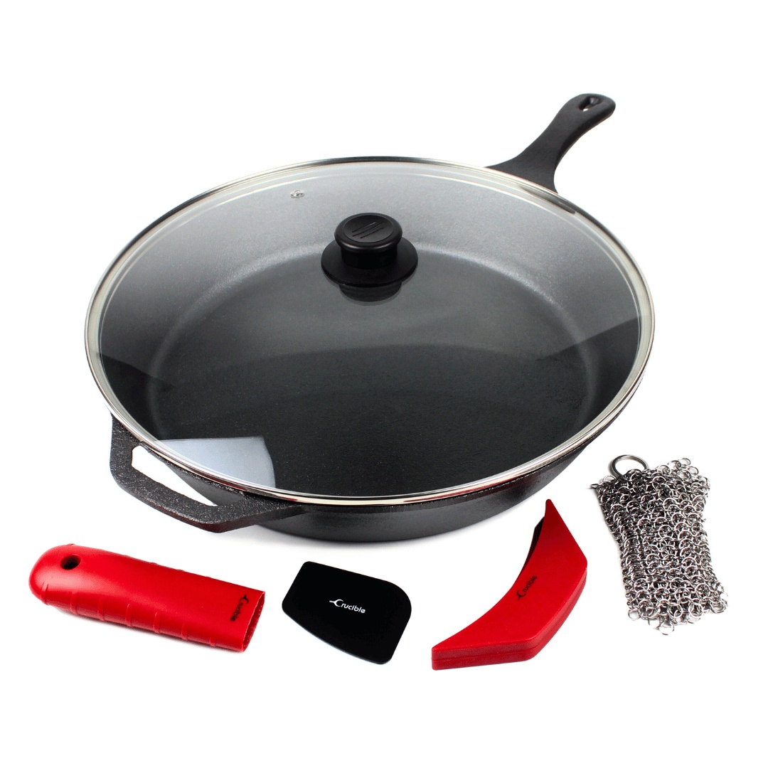 Tigaie din fonta cu capac din sticla, Crucible Cookware, 38 cm, pre-asezonata, racleta si zale de curatare si 2 suporturi din silicon termorezistent incluse - 2 | YEO