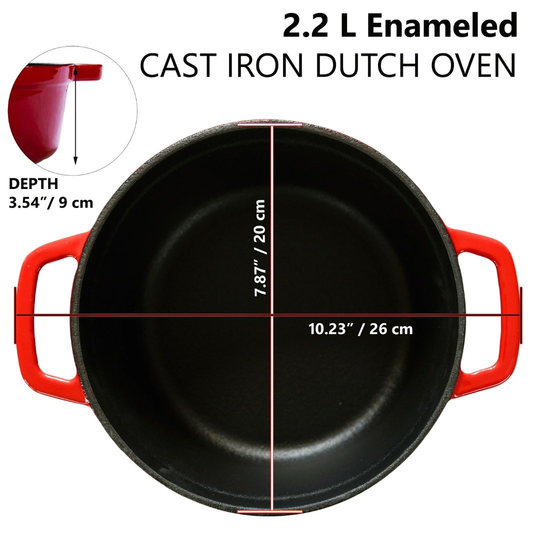 Ceaun din fonta emailata, Crucible Cookware, tip cuptor olandez, cu capac 20 cm, volum 2.2l, rosu - 1 | YEO