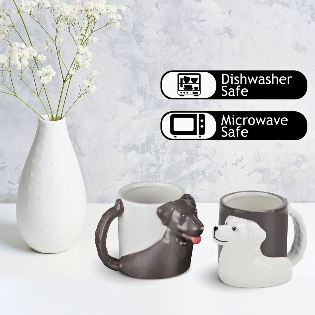 Set 2 Cani cuplu indragostiti, personalizate cu Catelusi 3D, cadou original pentru el&ea, cafea/ceai, ceramica, alb/maro, 300 ml - 2 | YEO