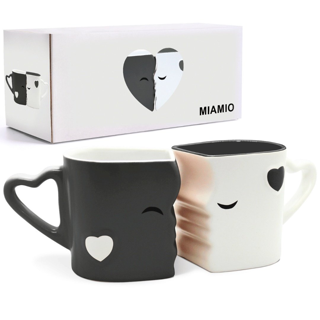 Set 2 Cani de cafea, Kissing Mugs, cadou pentru cupluri indragostiti, ceramica, alb/gri, 300 ml