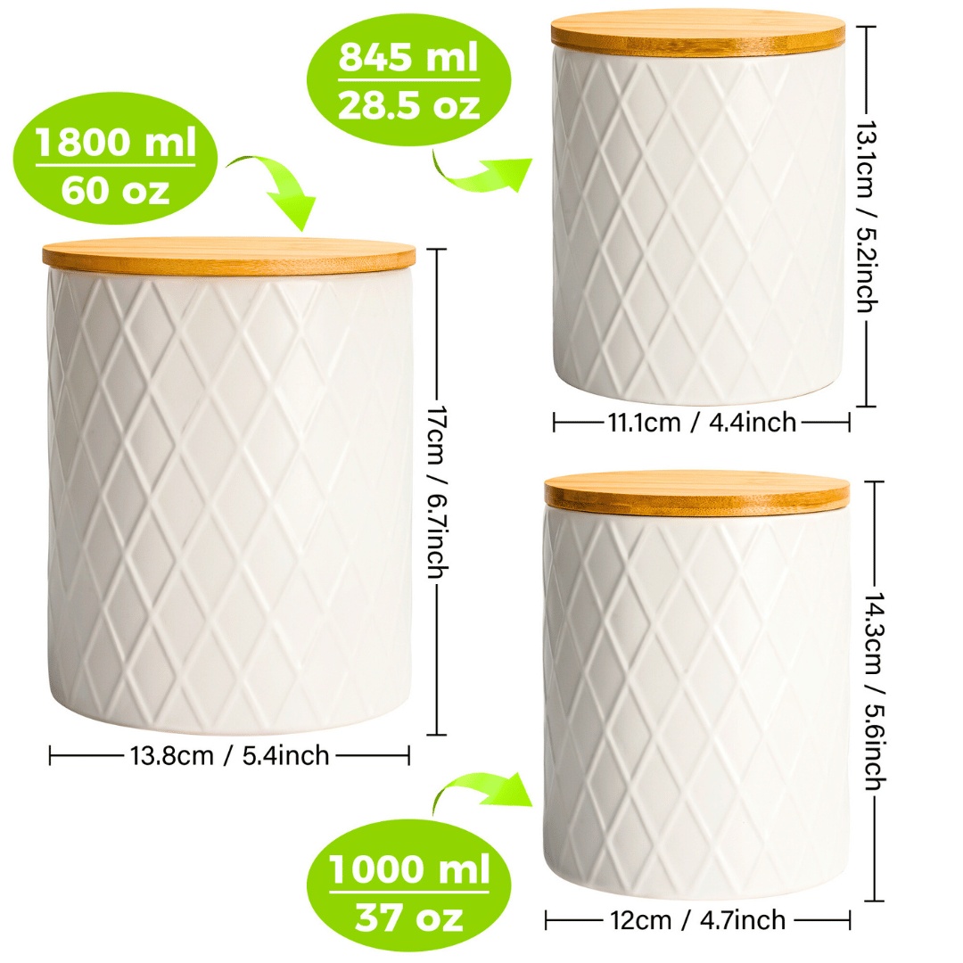 Set 3 Borcane ceramice de depozitare cu capac din bambus, Palmanova, cu inel de etansare din silicon, 845ml, 1100ml, 1800ml, alb - 1 | YEO