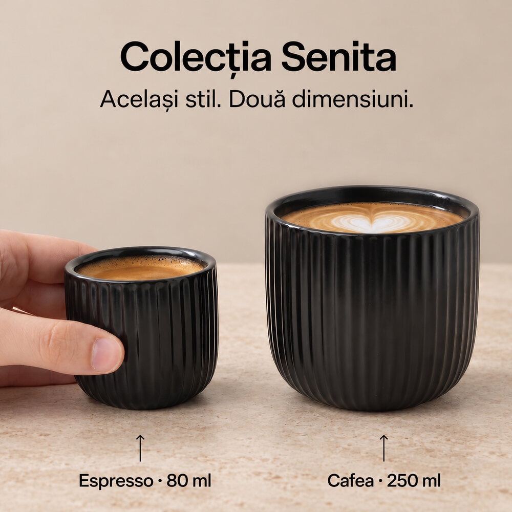Comparație cești espresso 80 ml și cafea 250 ml MIAMIO Senita Negru, 250 ml
