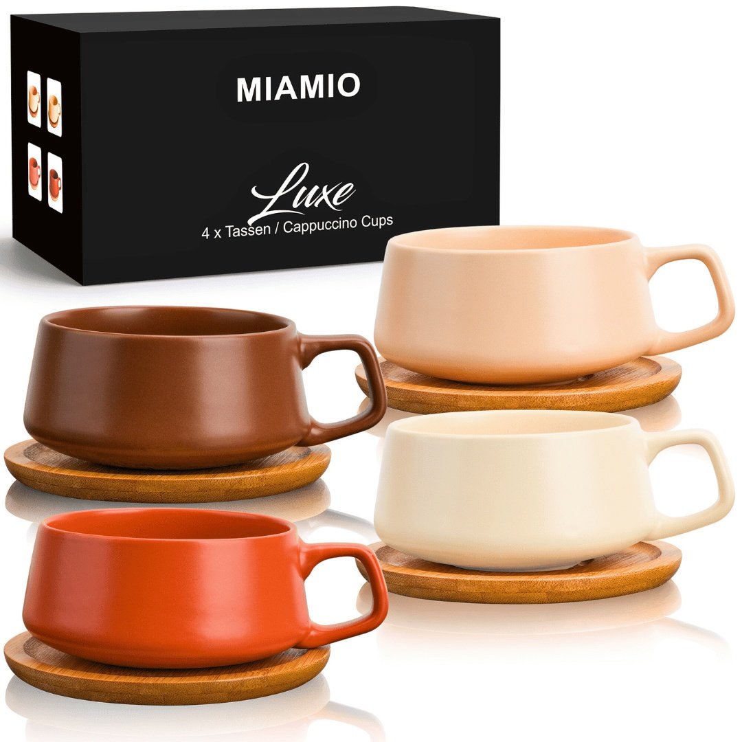 Set 4 Cesti de cappuccino cu farfurie din bambus, colectia Luxe, ceramica, bej, 320 ml