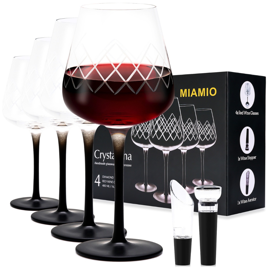 Set 4 Pahare vin rosu, colectia Crystaluna, cu picior negru, sticla transparenta model diamant, dop si aerator inclus, 480 ml