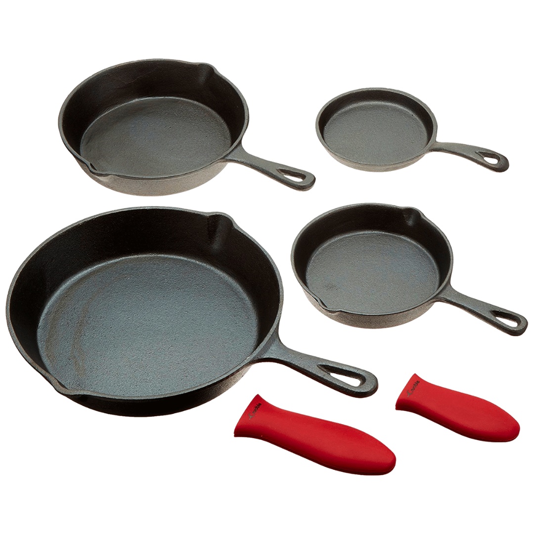 Set 4 Tigai din fonta cu coada, Crucible Cookware, 4 dimensiuni 13cm/15cm/20cm/25cm, 2 x Manere silicon termorezistent incluse - 1 | YEO