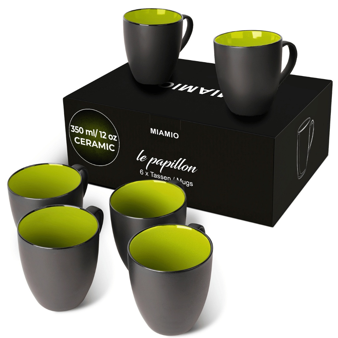 Set 6 Cani de cafea, colectia Le Papillon, ceramica, interior verde, 350 ml