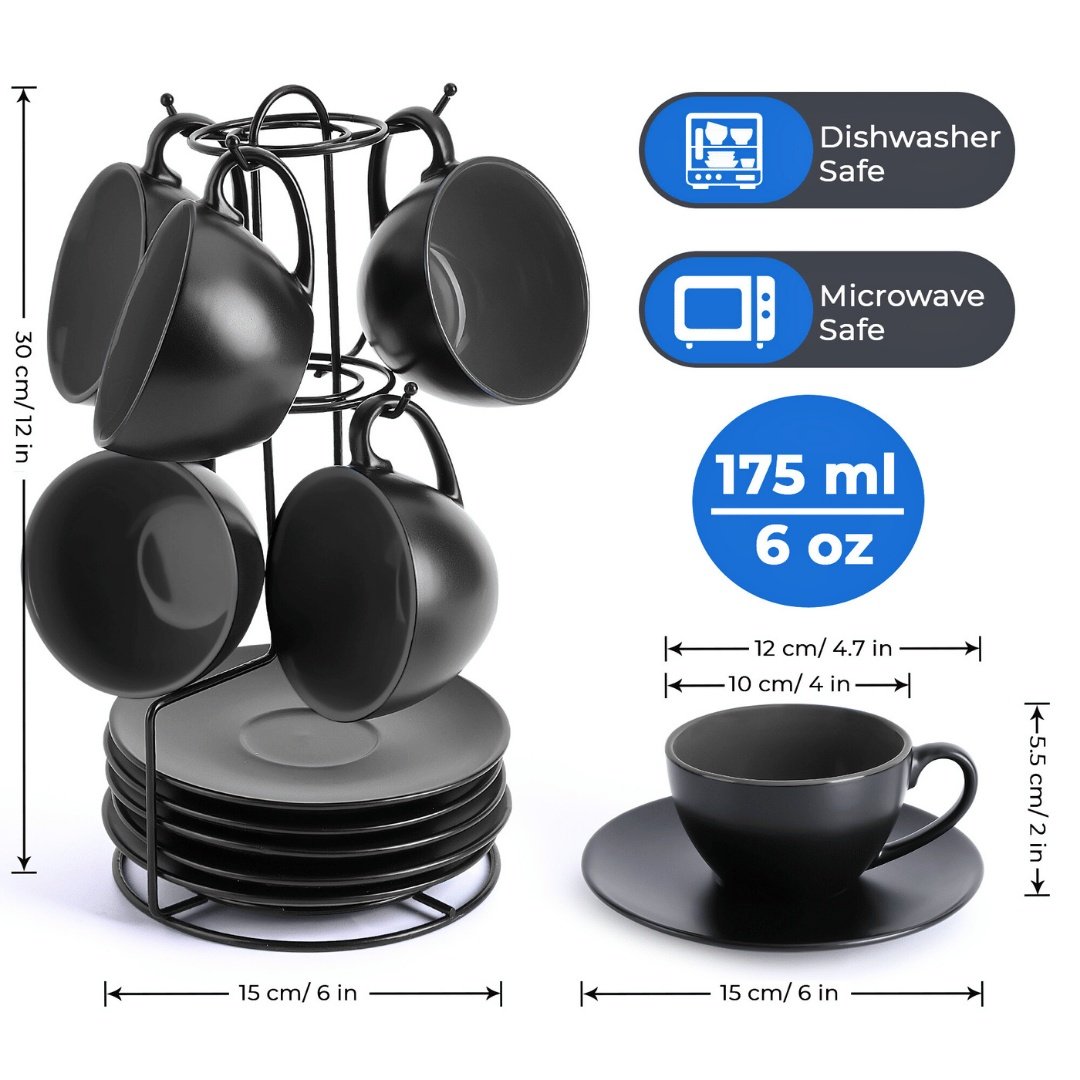 Set 6 Cesti de cappuccino cu farfurie, colectia Le Papillon, ceramica, negru, 175 ml - 1 | YEO