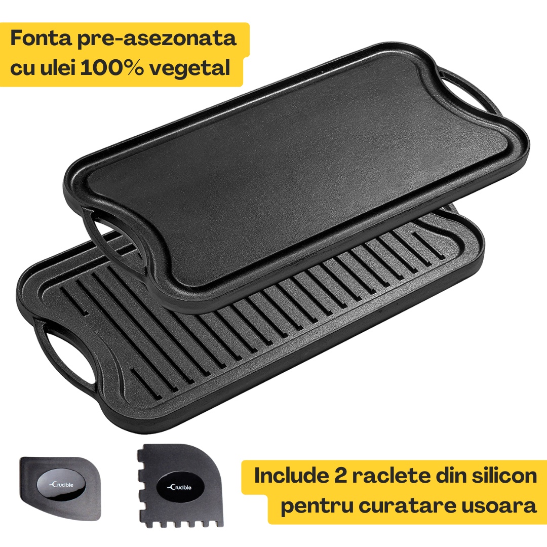 Tigaie Grill din fonta pre-asezonata, Crucible Cookware, cu 2 fete reversibile plita/gratar, 51x26cm, raclete din silicon pentru curatare incluse - 1 | YEO