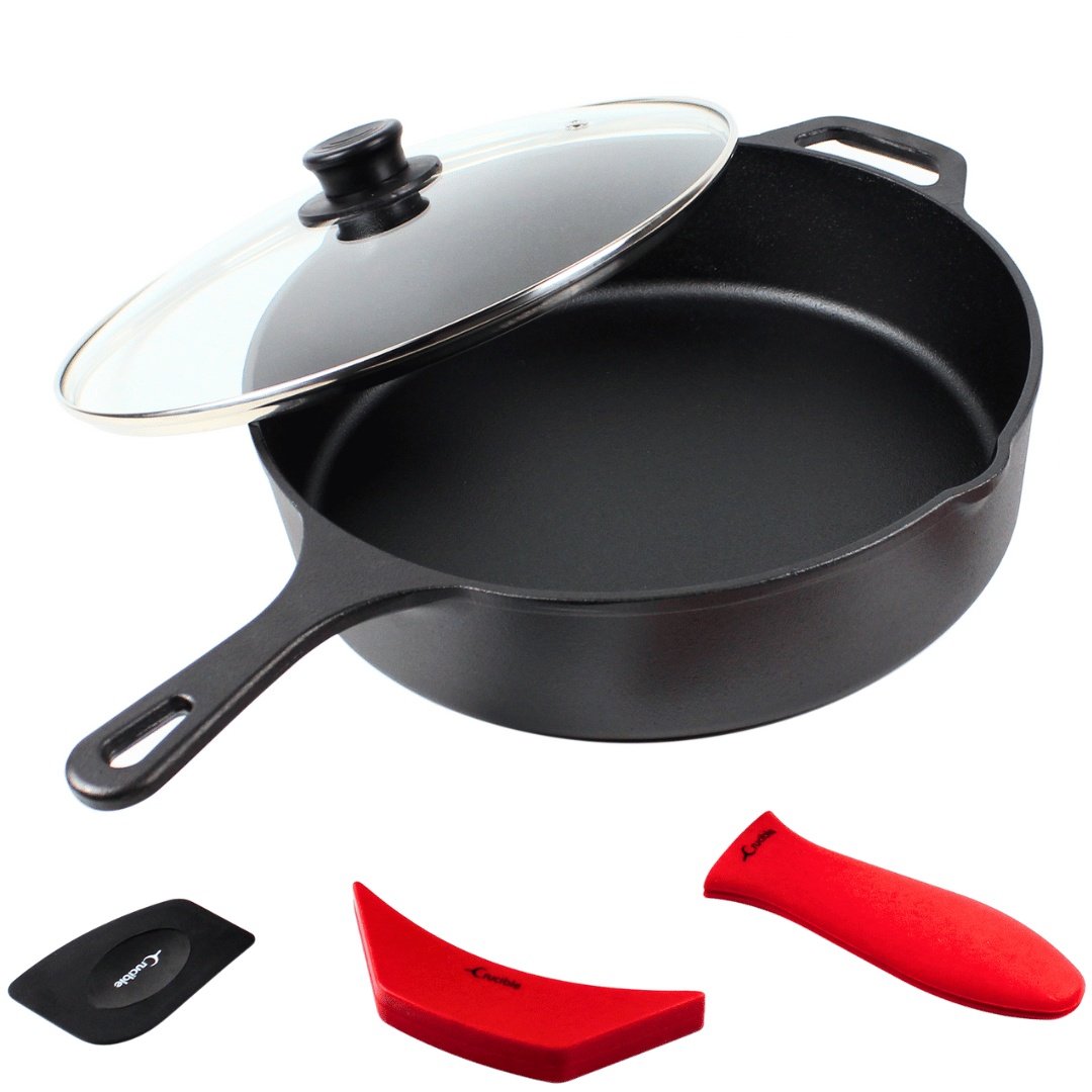 Cratita adanca din fonta cu capac din sticla, Crucible Cookware, 30 cm, 5L, cu manere silicon termorezistent si racleta de curatare incluse - 2 | YEO