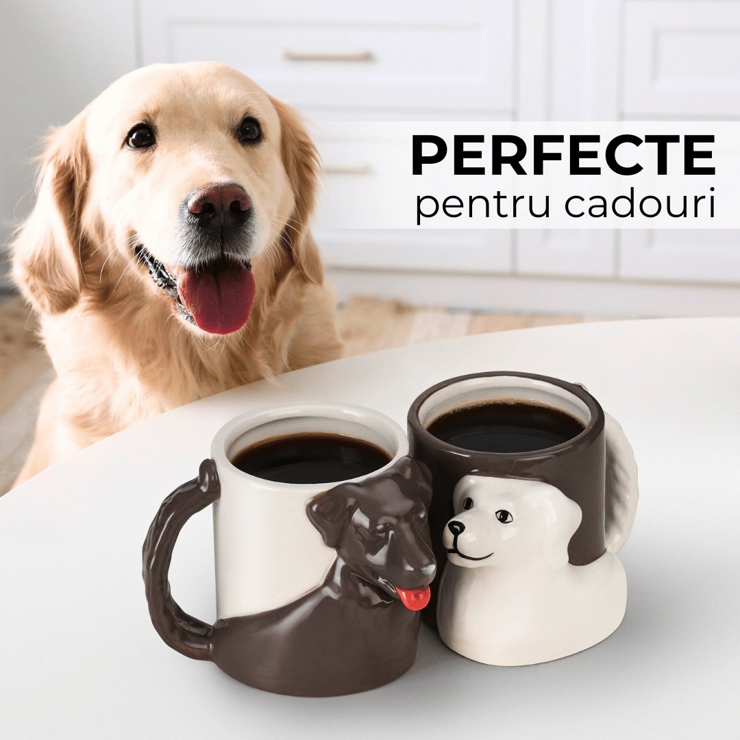 Set 2 Cani cuplu indragostiti, personalizate cu Catelusi 3D, cadou original pentru el&ea, cafea/ceai, ceramica, alb/maro, 300 ml - 3 | YEO