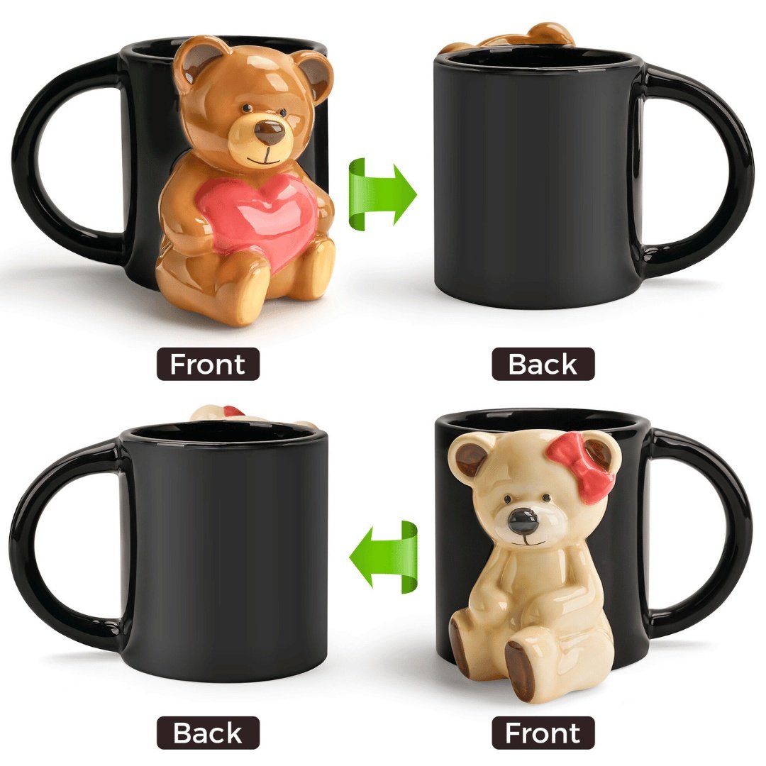 Set 2 Cani cuplu indragostiti, personalizate cu Ursuleti 3D, cadou original pentru el&ea, cafea/ceai, ceramica, negru, 350 ml