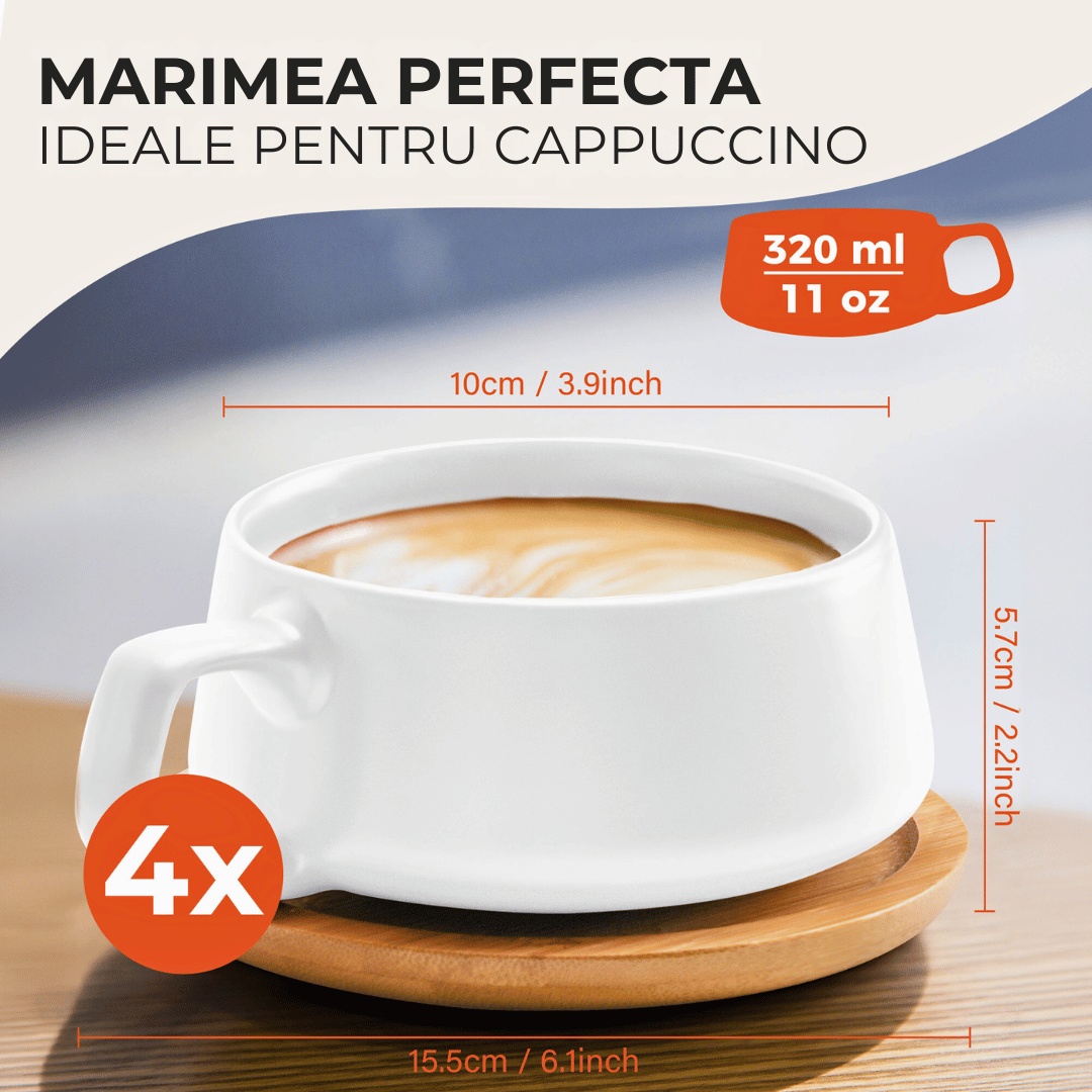 Set 4 Cesti de cappuccino cu farfurie din bambus, colectia Luxe, ceramica, alb, 320 ml - 1 | YEO