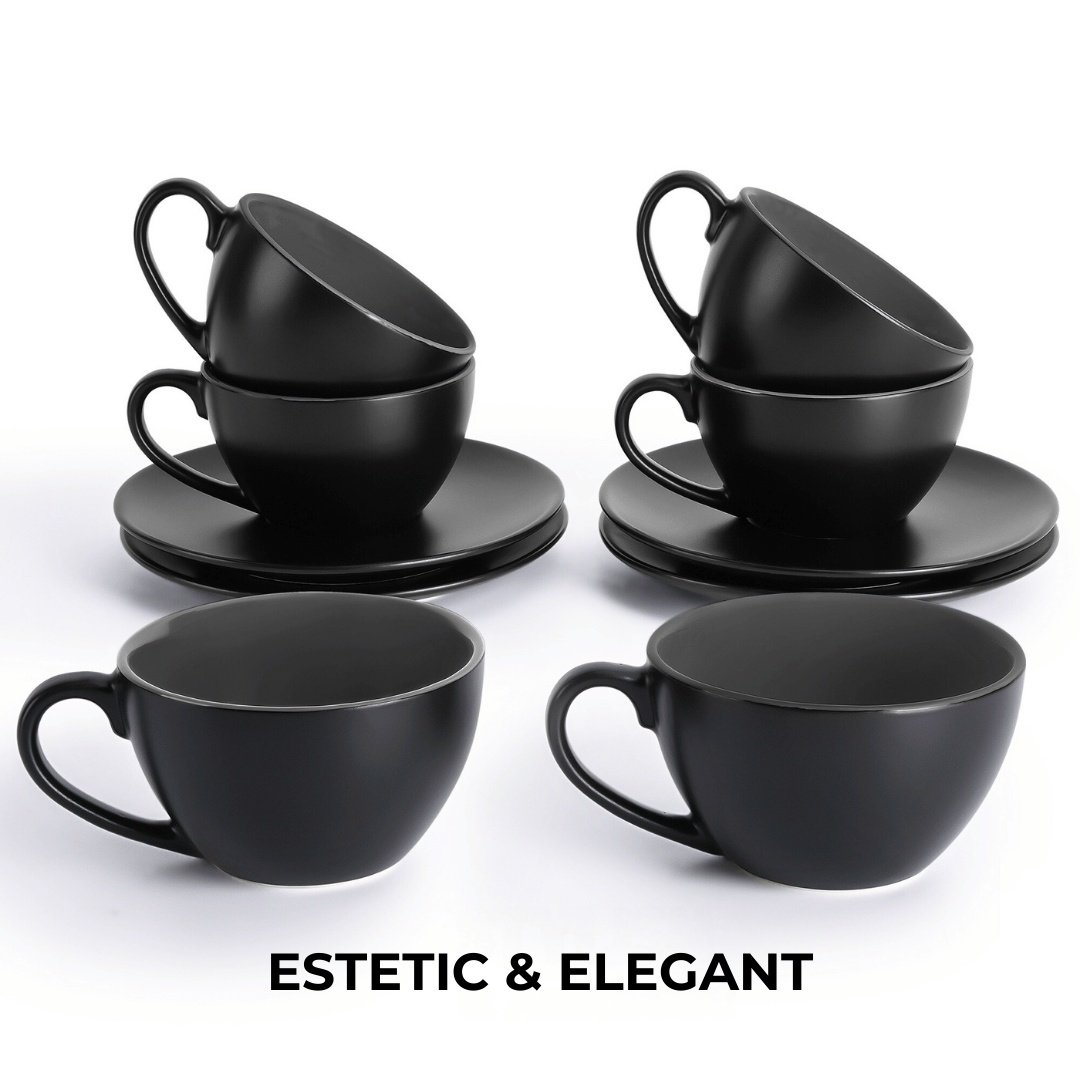 Set 6 Cesti de cappuccino cu farfurie, colectia Le Papillon, ceramica, negru, 175 ml - 2 | YEO