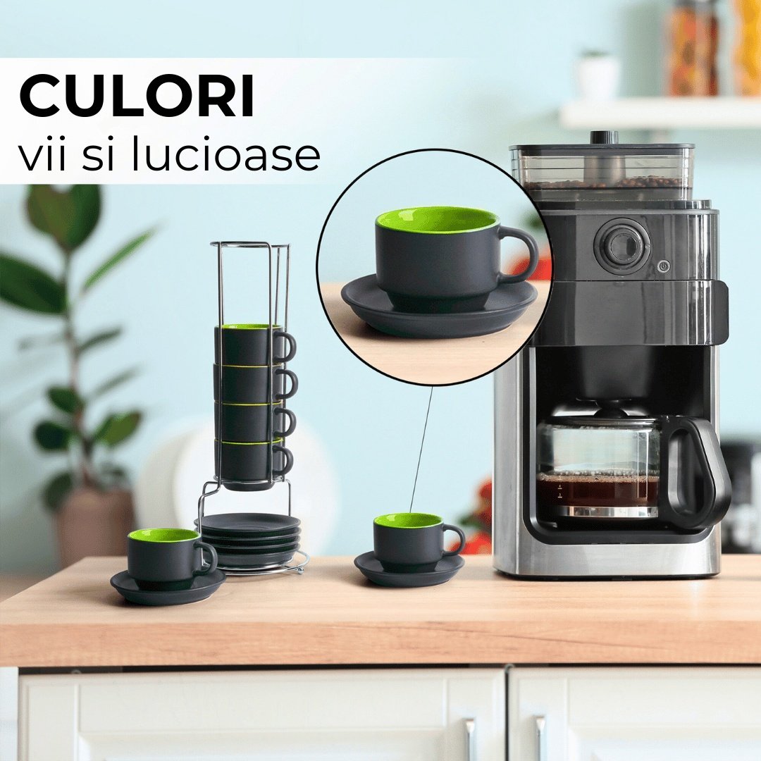 Set 6 Cesti de espresso cu farfurie, colectia Le Papillon, ceramica, verde, 75 ml - 3 | YEO