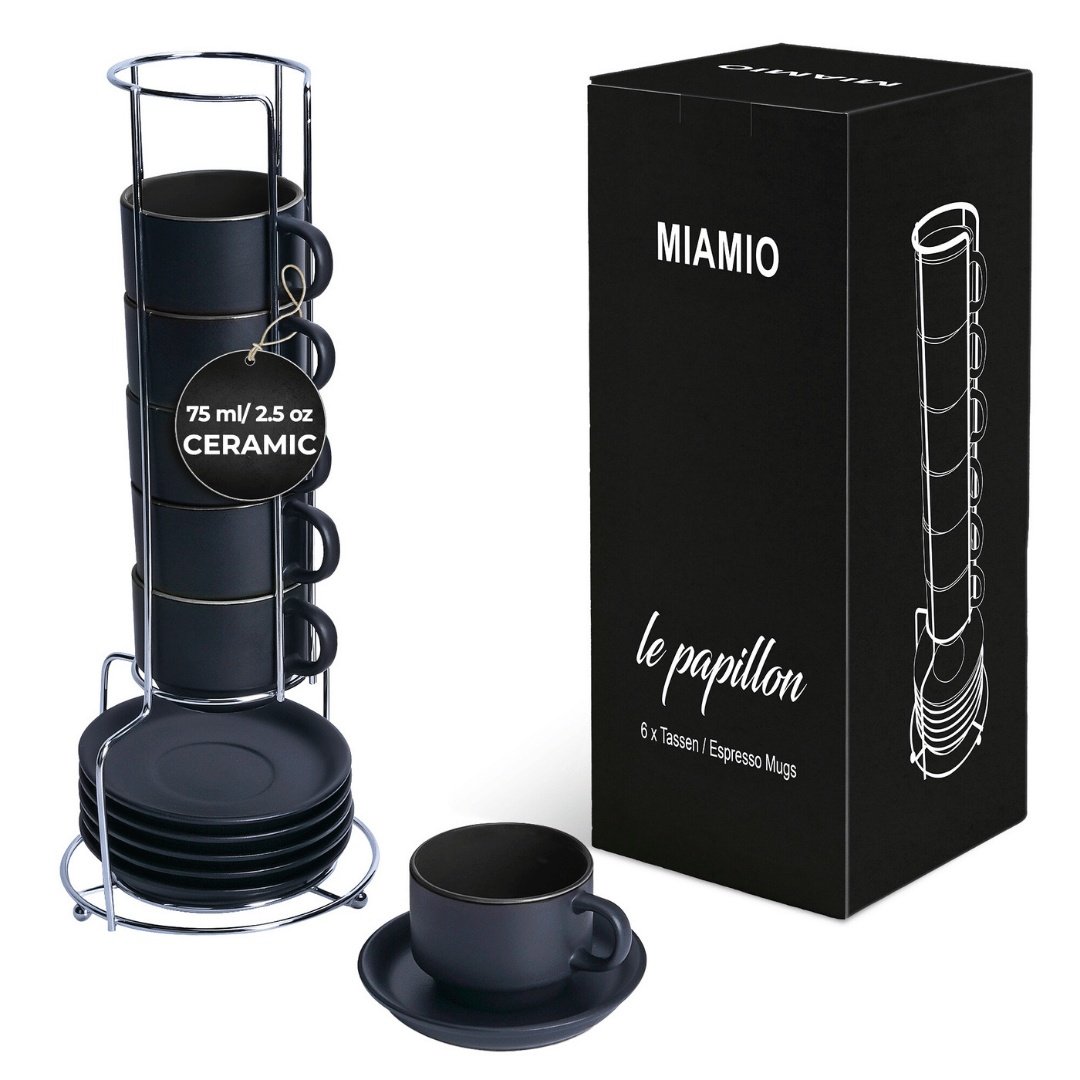 Set 6 Cesti de espresso cu farfurie, colectia Le Papillon, ceramica, negru, 75 ml