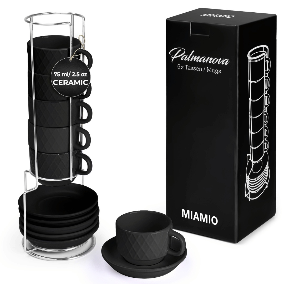 Set 6 Cesti de espresso cu farfurie, colectia Palmanova, ceramica, negru, 75 ml