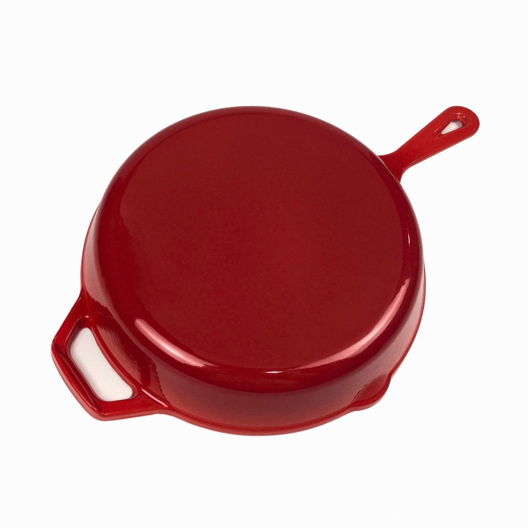 Tigaie din fonta emailata, Crucible Cookware, 26 cm, rosie, cu 2 suporturi din silicon termorezistente incluse