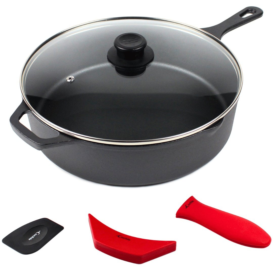 Cratita adanca din fonta cu capac din sticla, Crucible Cookware, 30 cm, 5L, cu manere silicon termorezistent si racleta de curatare incluse