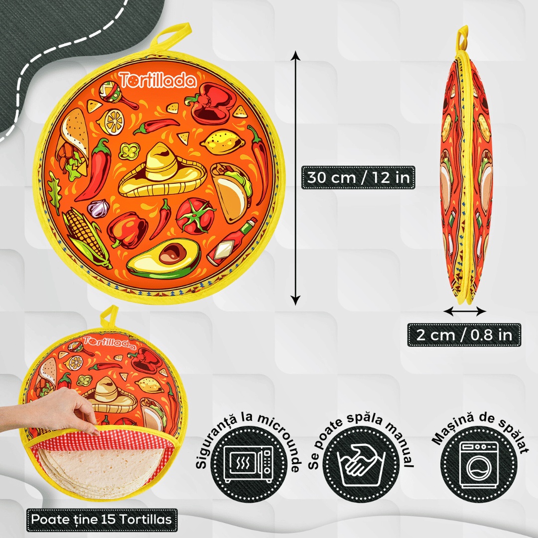 Pouch termic pentru tortilla, Tortillada, tip husa din bumbac, rotund, 30 cm, potrivit pentru depozitare/incalzire lipii la microunde - 1 | YEO