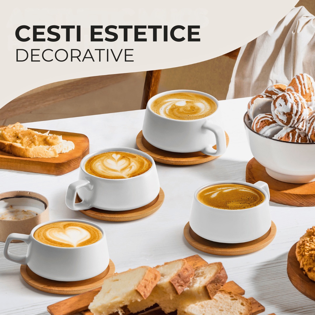 Set 4 Cesti de cappuccino cu farfurie din bambus, colectia Luxe, ceramica, alb, 320 ml - 2 | YEO