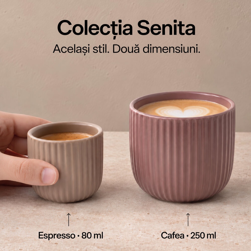 Comparație cești espresso 80 ml și cafea 250 ml MIAMIO Senita Beige Canyon, 80 ml