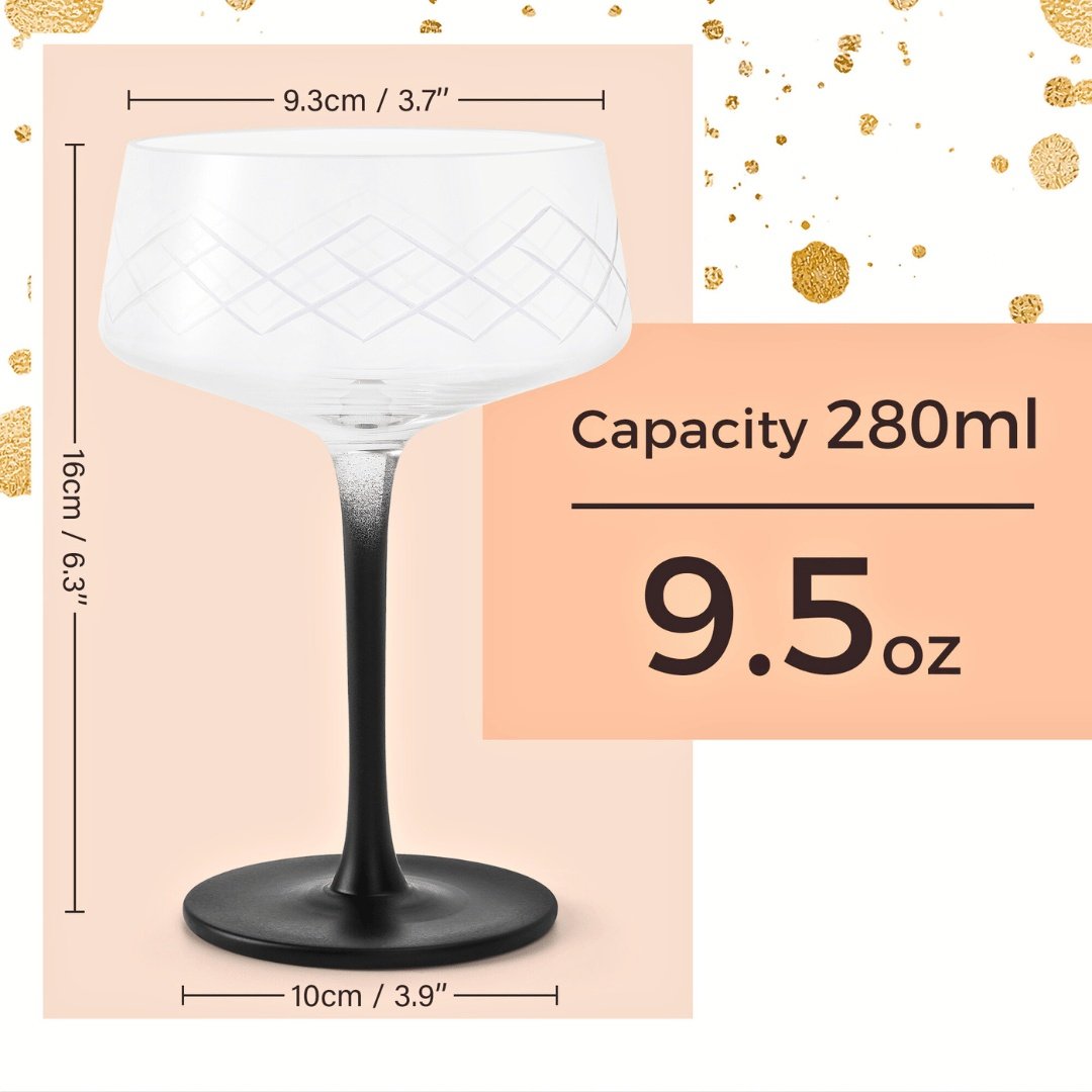 Set 4 Pahare Coupe, Crystaluna, cu picior negru elegant, sticla transparenta, 280ml, lingurita pentru cocktail inclusa - 2 | YEO