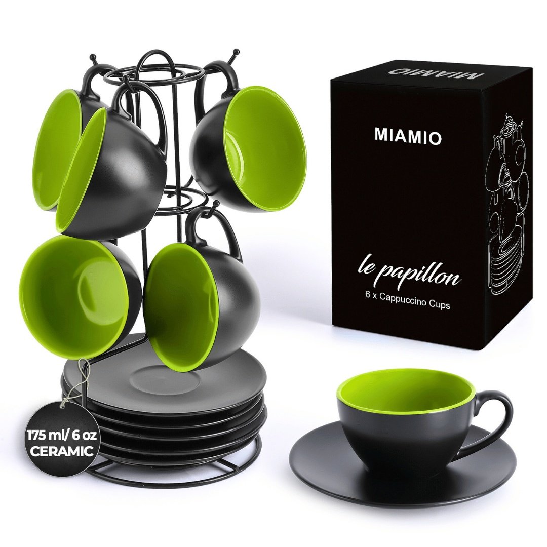 Set 6 Cesti de cappuccino cu farfurie, colectia Le Papillon, ceramica, verde, 175 ml