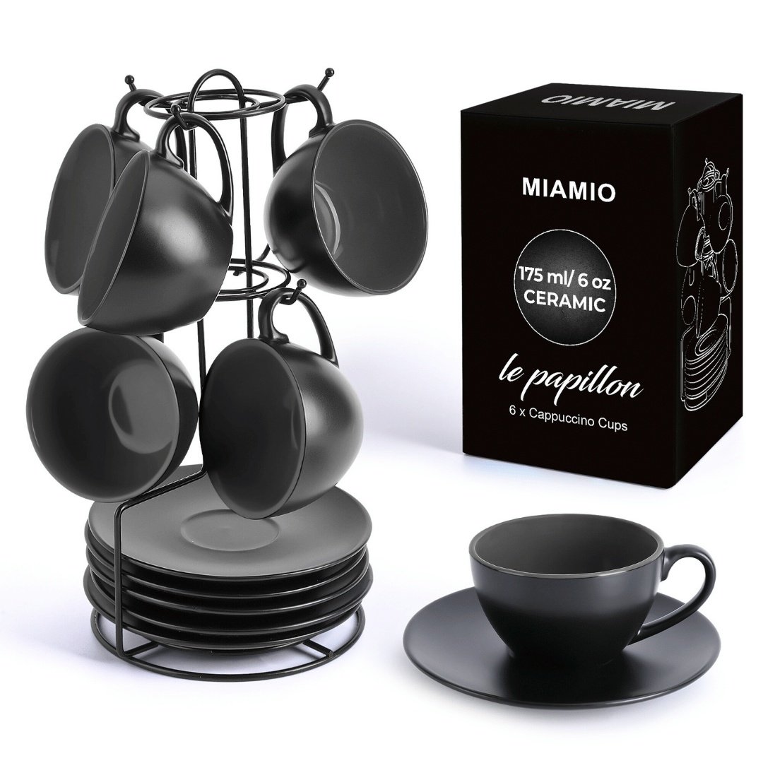 Set 6 Cesti de cappuccino cu farfurie, colectia Le Papillon, ceramica, negru, 175 ml