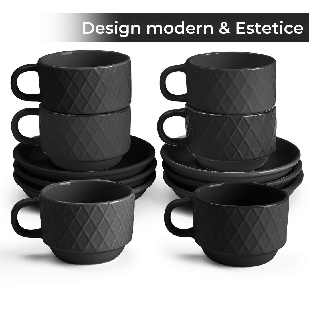 Set 6 Cesti de espresso cu farfurie, colectia Palmanova, ceramica, negru, 75 ml - 2 | YEO