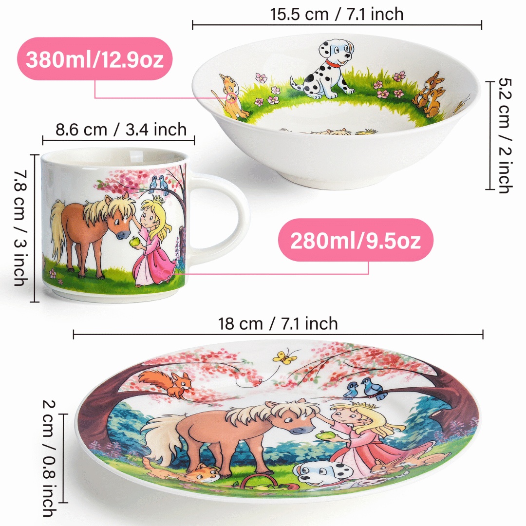 Set vesela pentru copii, colectia Princess, farfurie 18cm, bol 380ml, cana 280ml, 3 piese ceramica - 2 | YEO