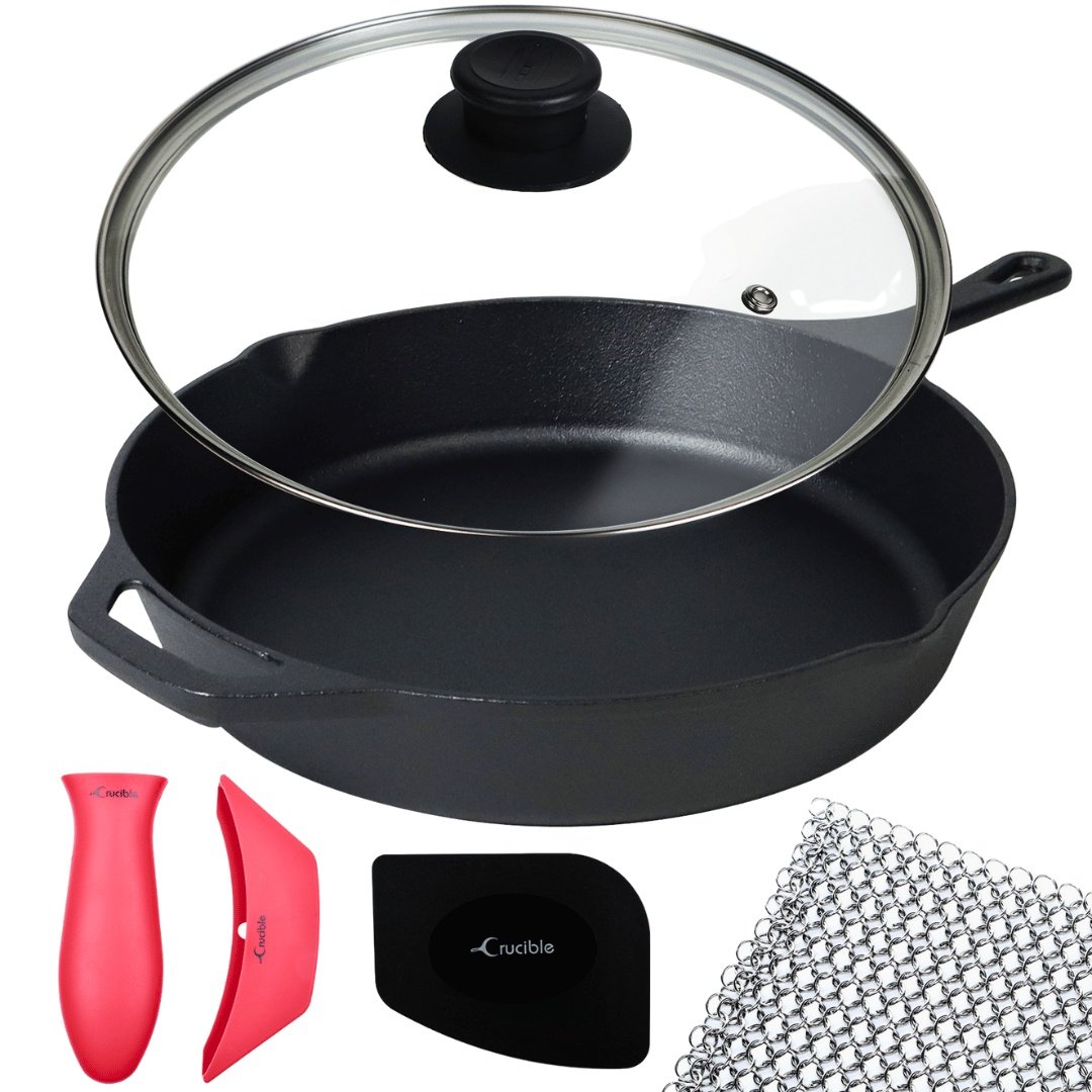 Tigaie din fonta cu capac din sticla, Crucible Cookware, 26 cm, pre-asezonata, racleta si zale de curatare si 2 suporturi din silicon termorezistent incluse - 2 | YEO