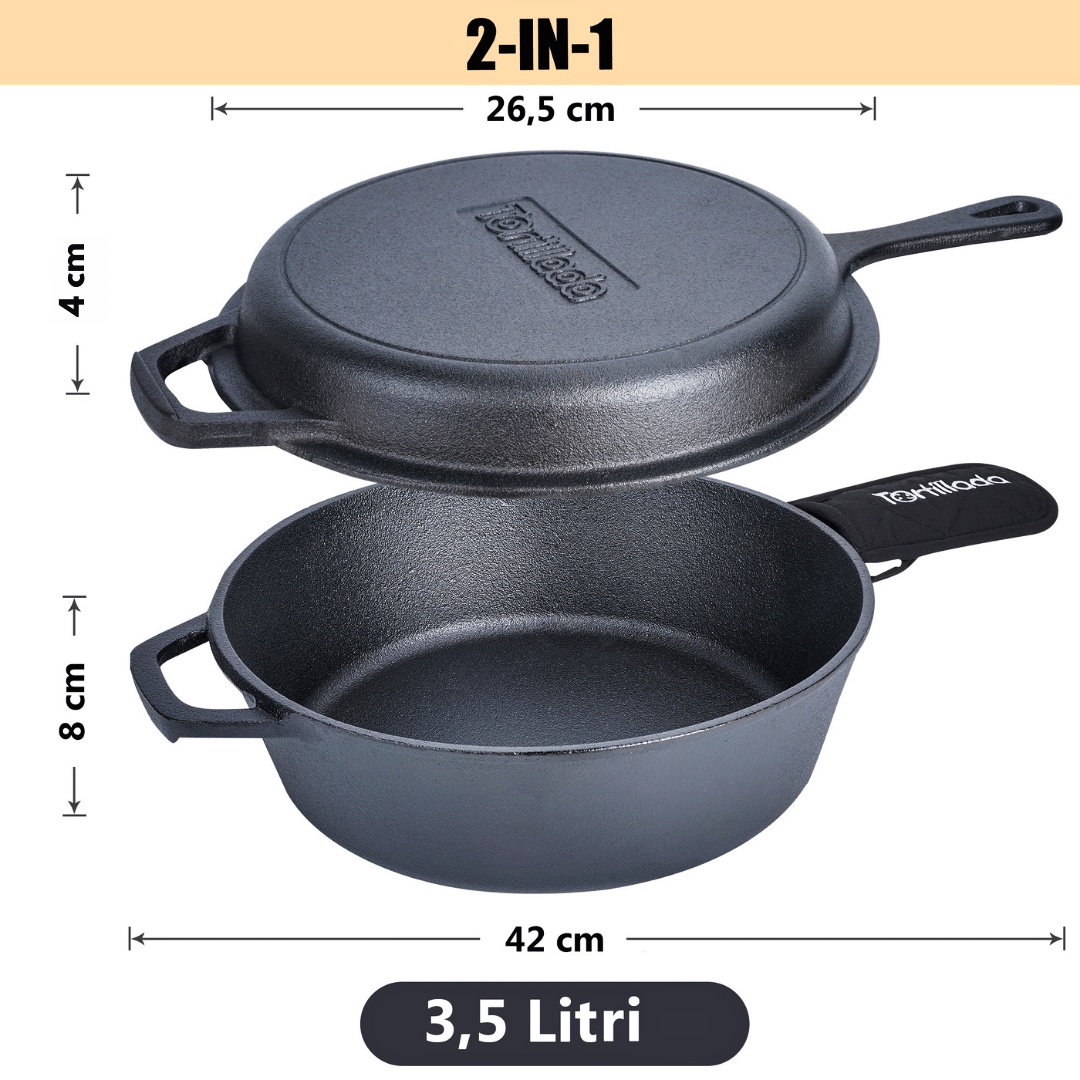 Tigaie inalta cu capac 2in1 reversibil, Tortillada, tip cuptor olandez Combo Cooker, fonta pre-asezonata, 26cm, 3.5L, manere fixe cu husa de protectie termorezistenta - 2 | YEO