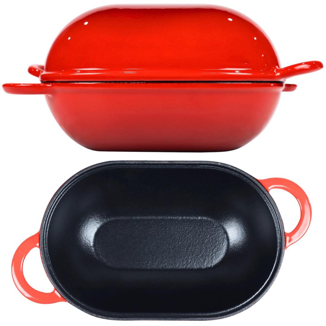 Oala fonta emailata pentru copt paine, Crucible Cookware, tip cuptor olandez cu capac, forma ovala, 24x16cm, 2.7 L, rosu