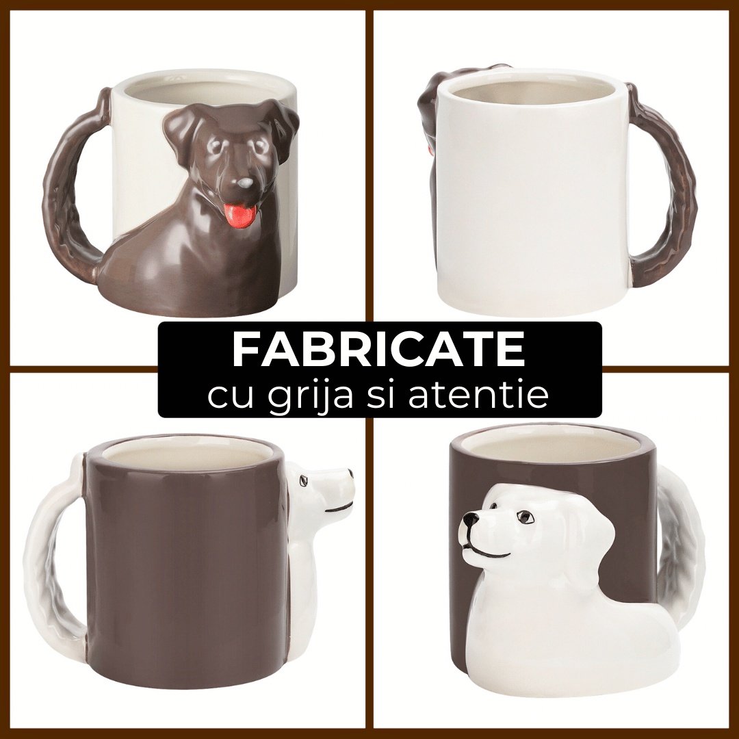 Set 2 Cani cuplu indragostiti, personalizate cu Catelusi 3D, cadou original pentru el&ea, cafea/ceai, ceramica, alb/maro, 300 ml