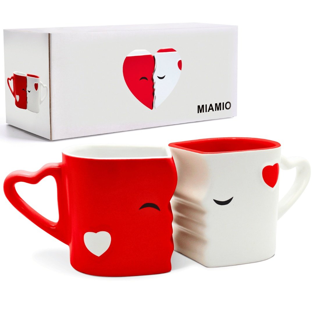 Set 2 Cani de cafea, Kissing Mugs, cadou pentru cupluri indragostiti, ceramica, alb/rosu, 300 ml