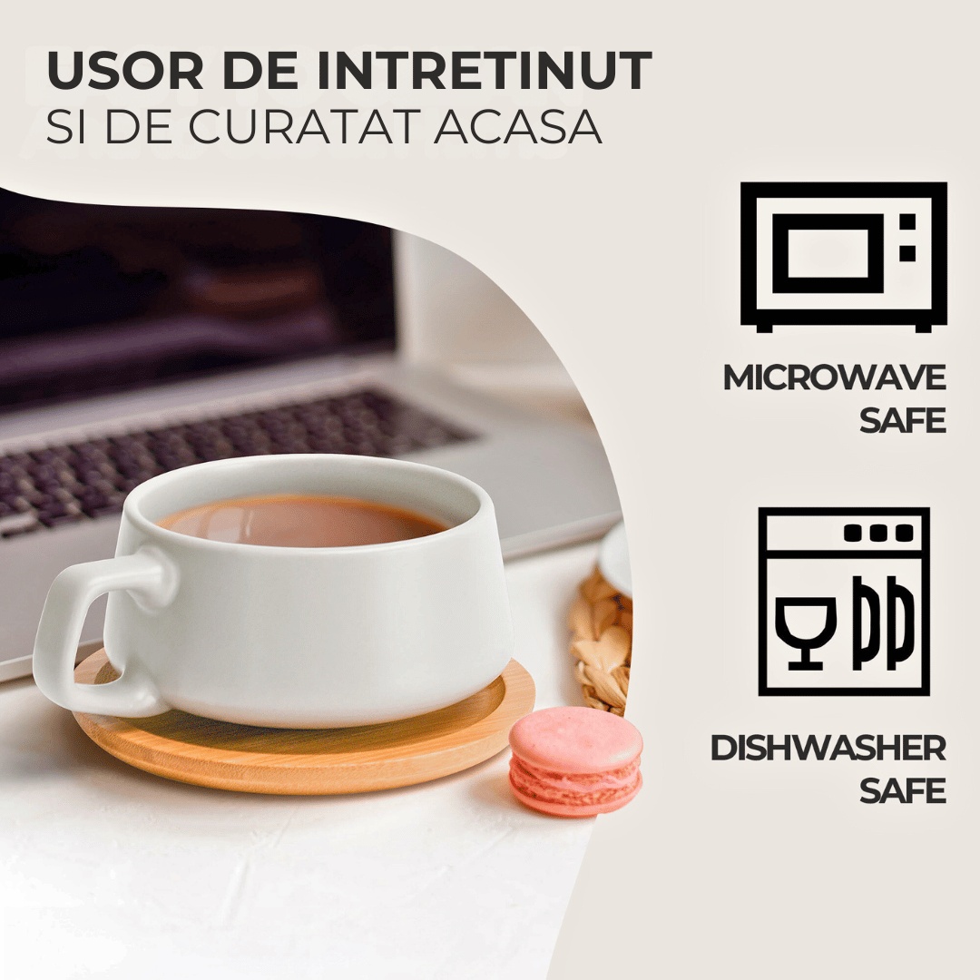 Set 4 Cesti de cappuccino cu farfurie din bambus, colectia Luxe, ceramica, alb, 320 ml - 3 | YEO