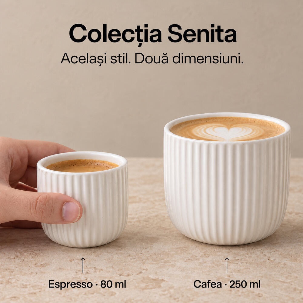 Comparație cești espresso 80 ml și cafea 250 ml MIAMIO Senita Alb, 80 ml