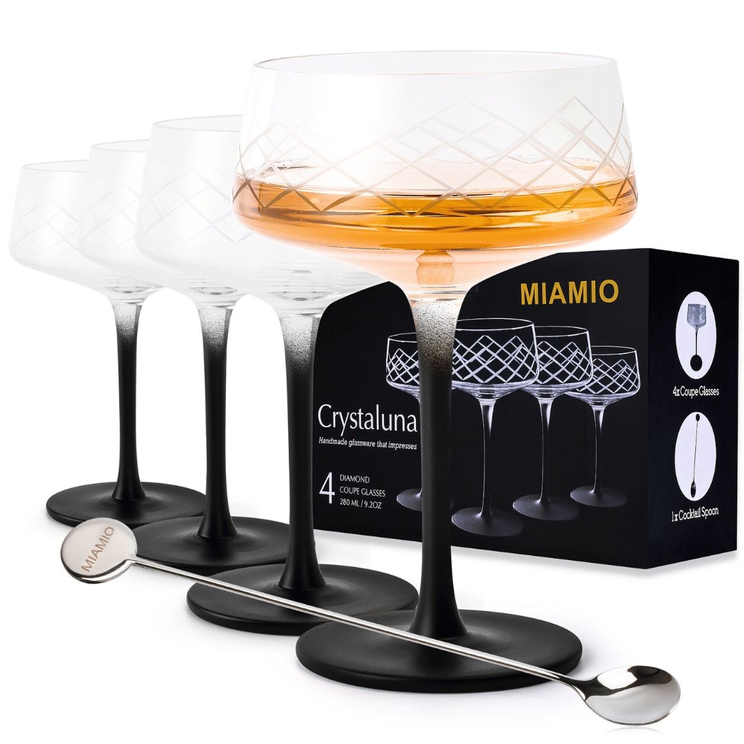 Set 4 Pahare Coupe, Crystaluna, cu picior negru elegant, sticla transparenta, 280ml, lingurita pentru cocktail inclusa