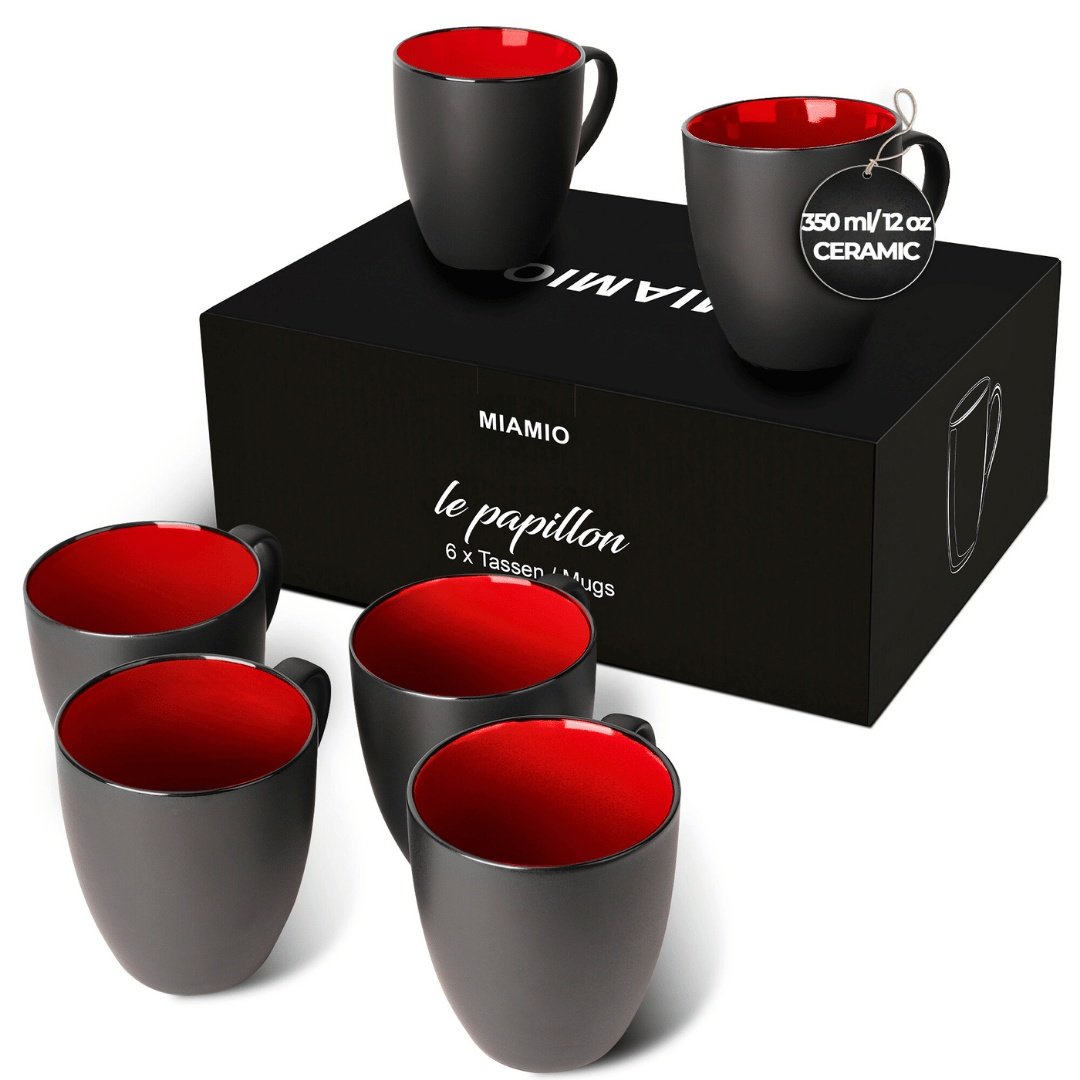 Set 6 Cani de cafea, colectia Le Papillon, ceramica, interior rosu, 350 ml